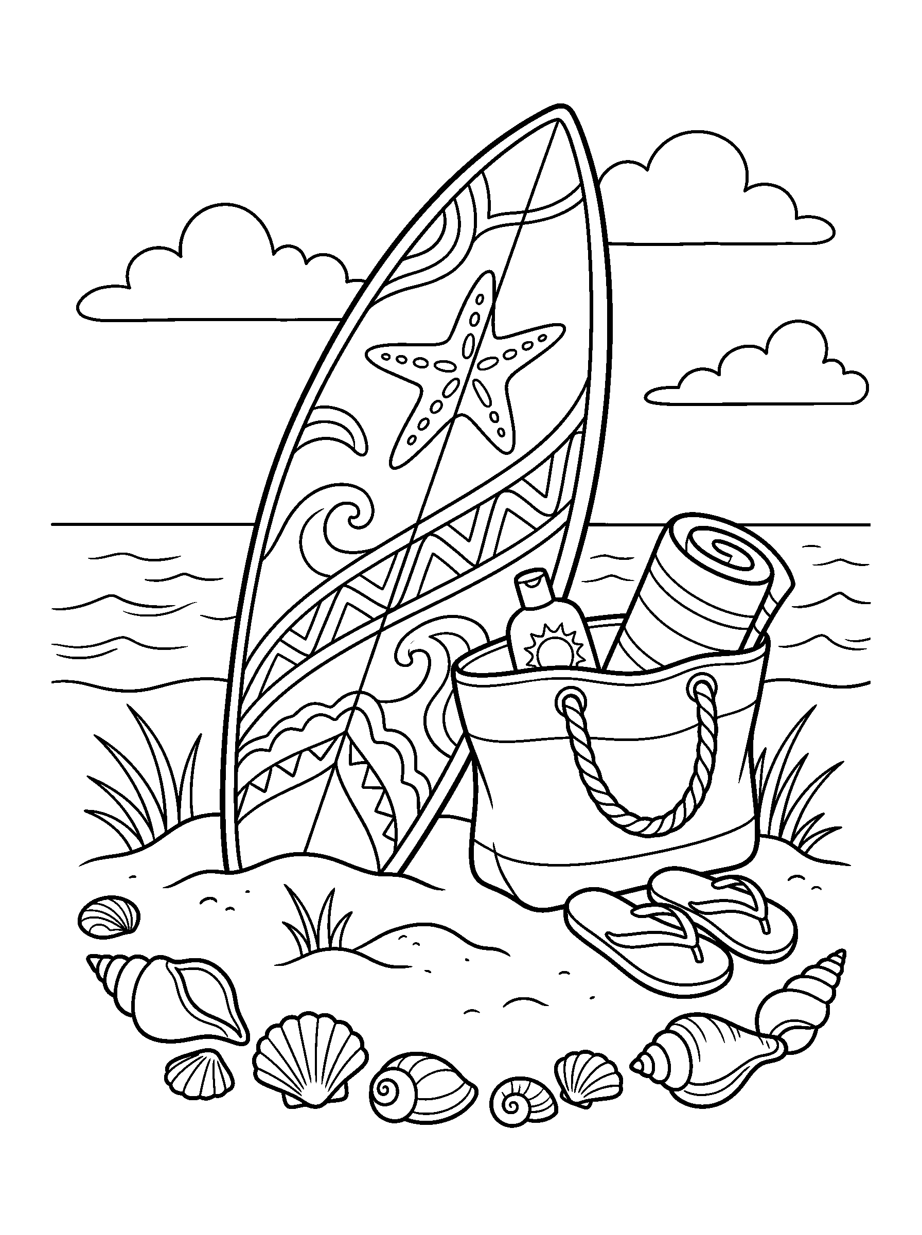 Surfboard and Shells on the Beach — full black-and-white printable coloring page