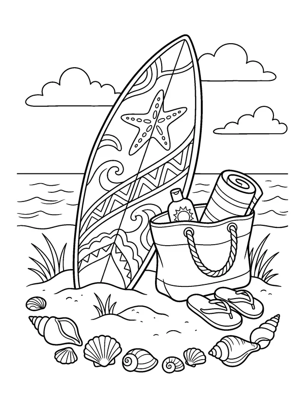 Surfboard and Shells on the Beach — printable black-and-white coloring sheet