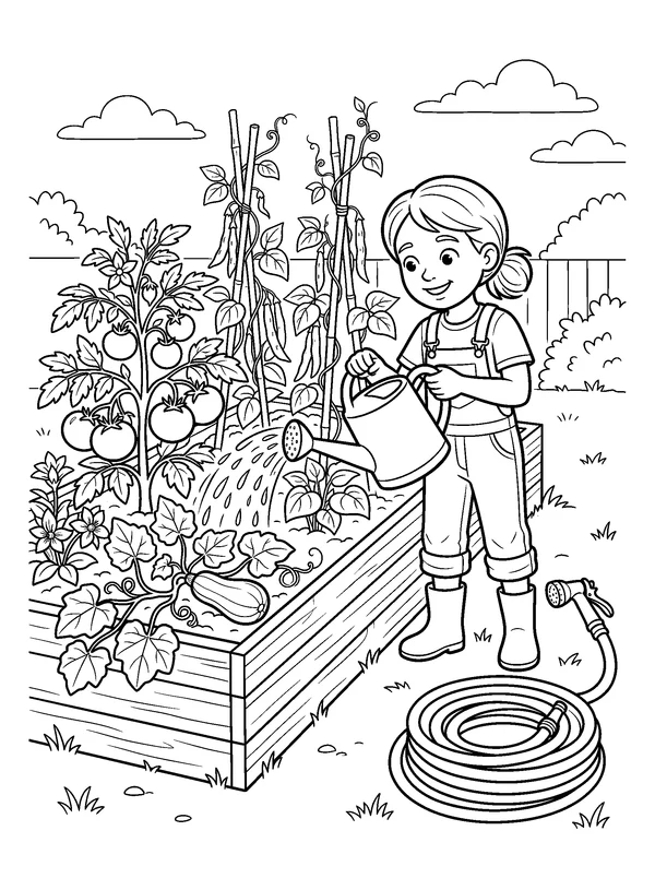 Watering the Summer Vegetable Garden — printable black-and-white coloring sheet
