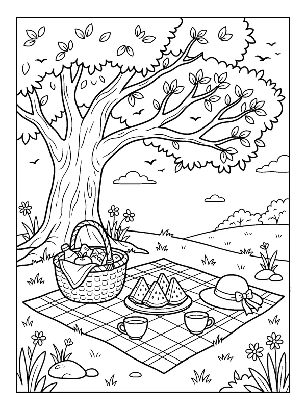 Watermelon Picnic in the Shade — printable black-and-white coloring sheet