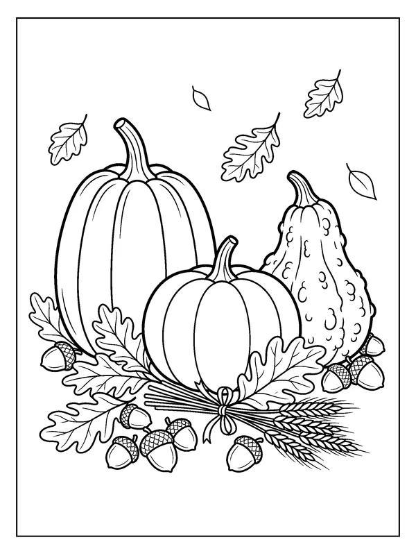 Acorns and Gourds Still Life — printable black-and-white coloring sheet
