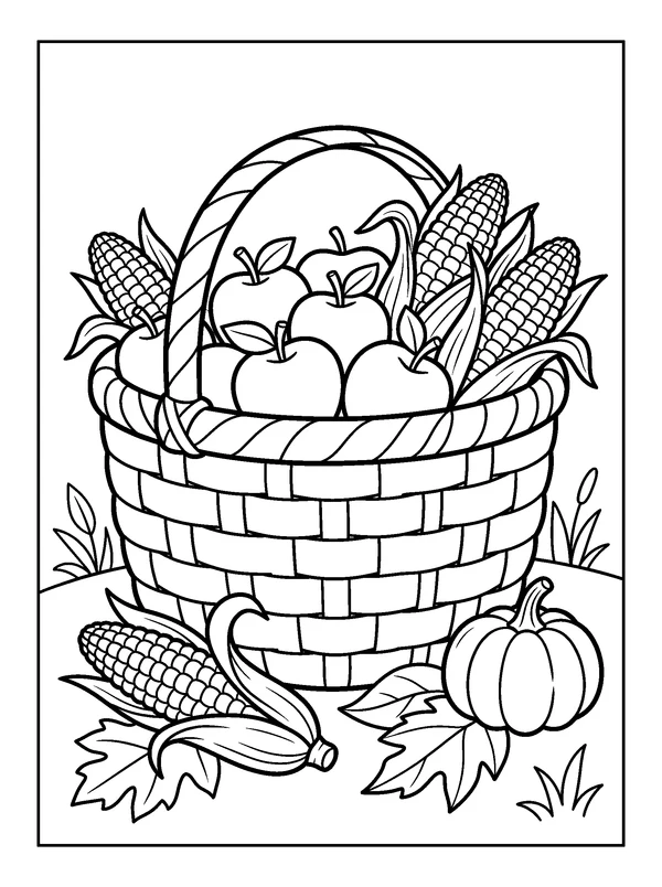 Apple and Corn Harvest Basket — printable black-and-white coloring sheet