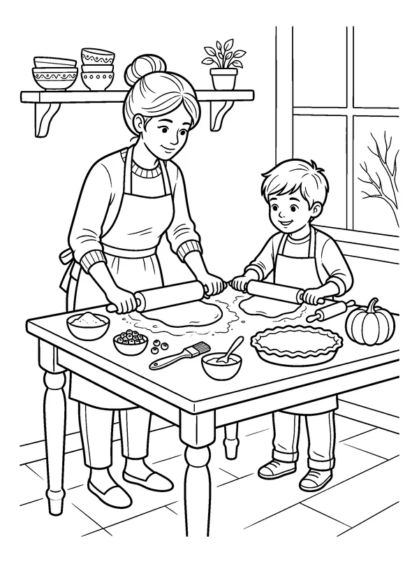 Baking Pumpkin Pie Together — printable black-and-white coloring sheet