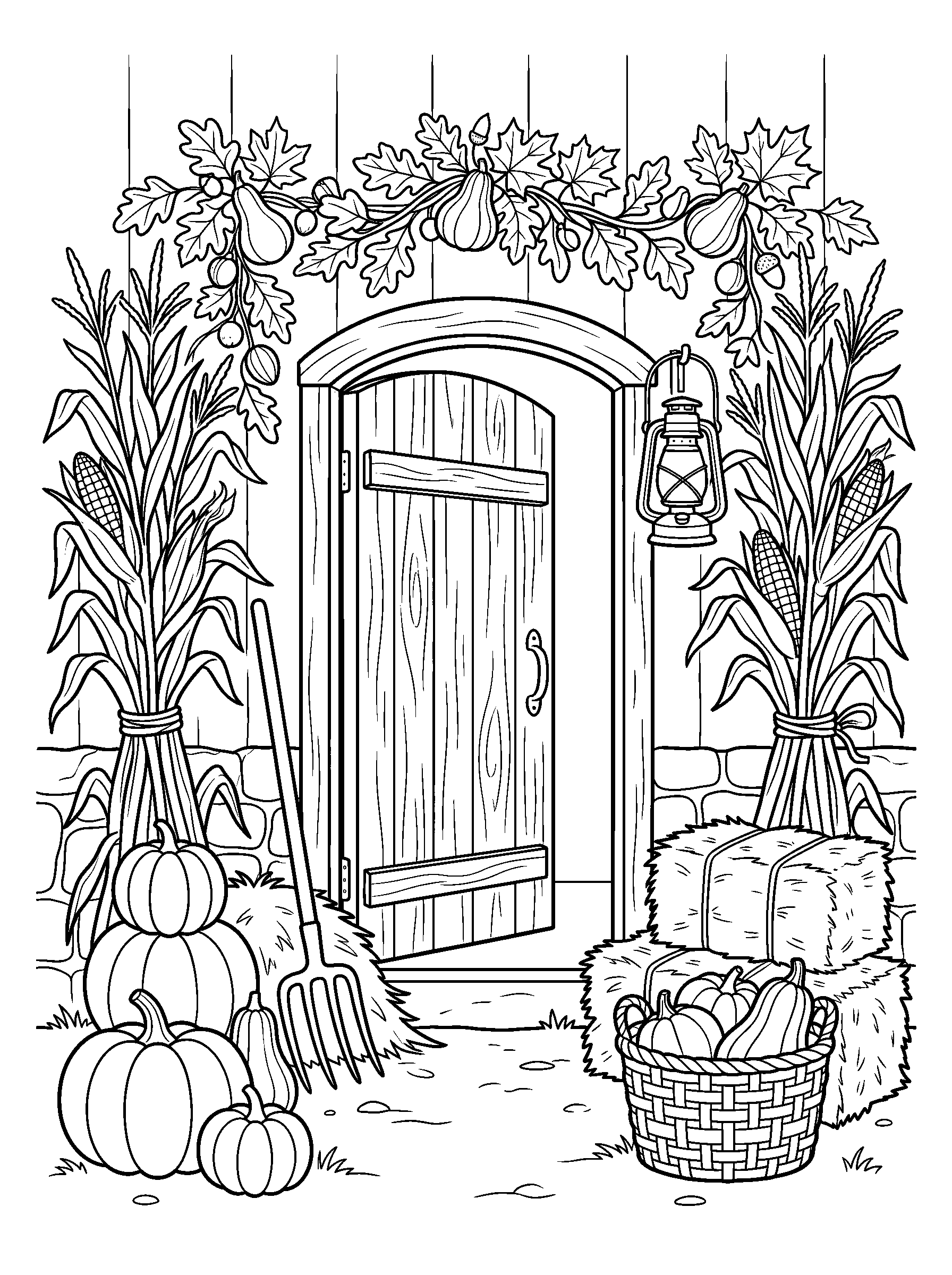 Barn Decorated for the Harvest — full black-and-white printable coloring page
