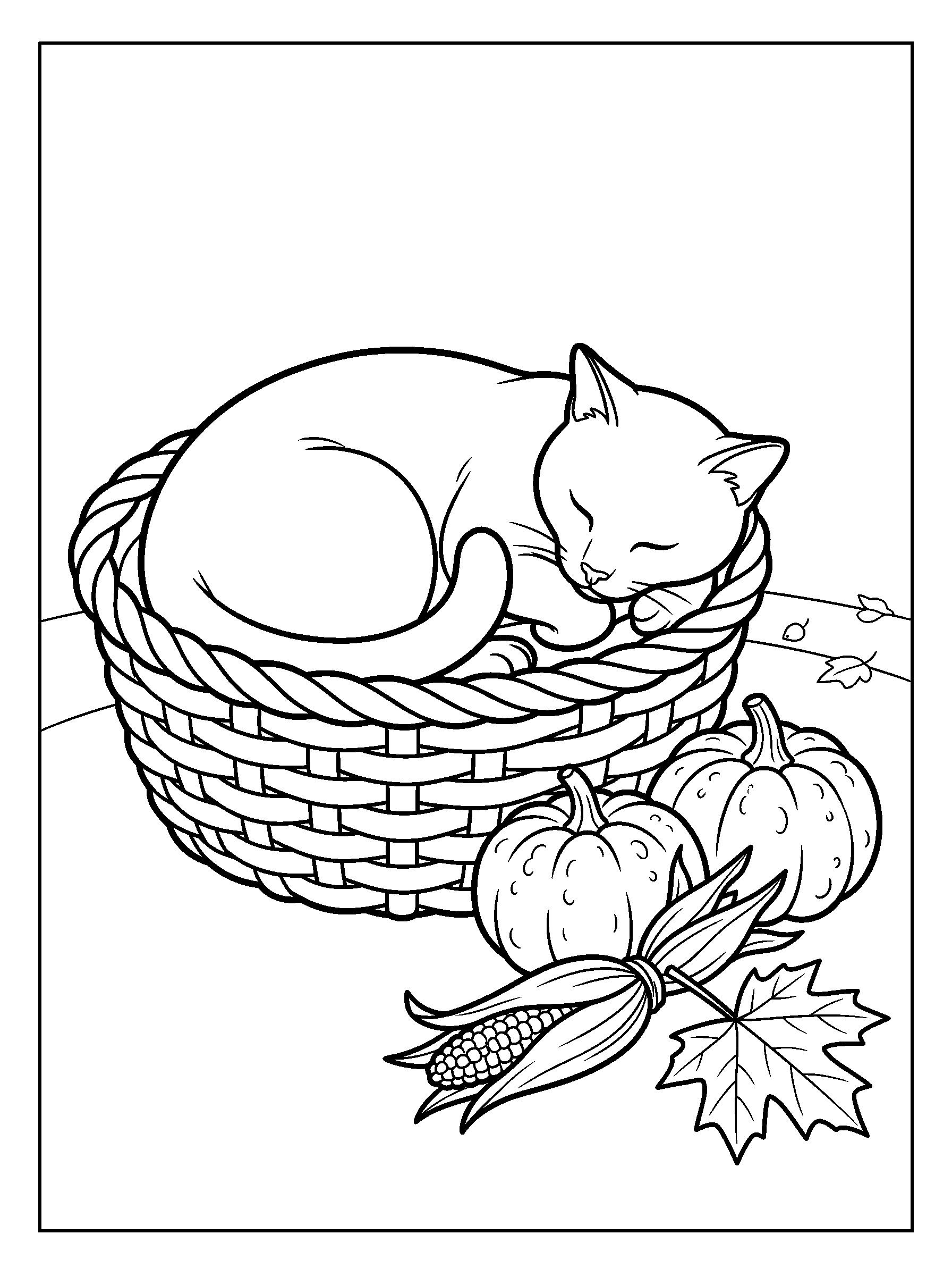 Cat in a Squash Basket — full black-and-white printable coloring page