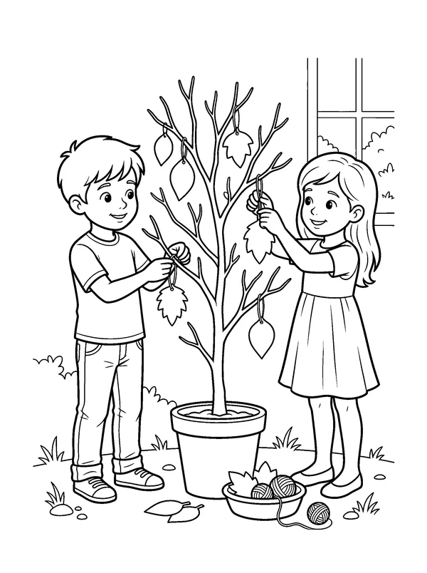 Children Decorating a Gratitude Tree — printable black-and-white coloring sheet