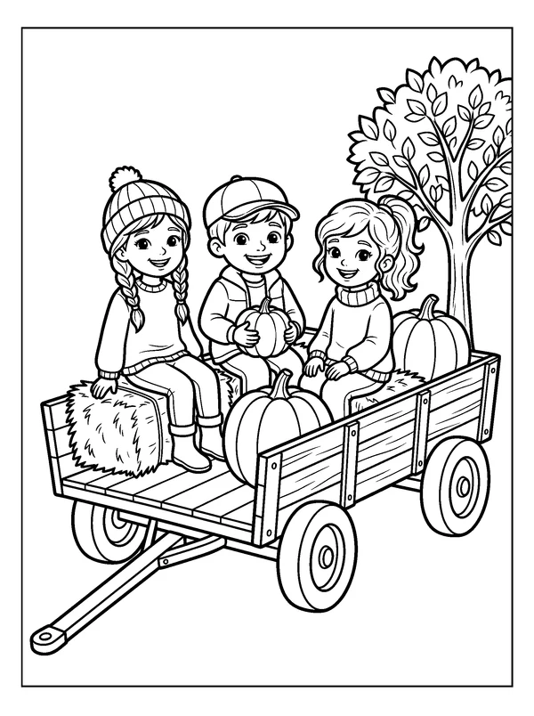 Children on a Harvest Hayride — printable black-and-white coloring sheet
