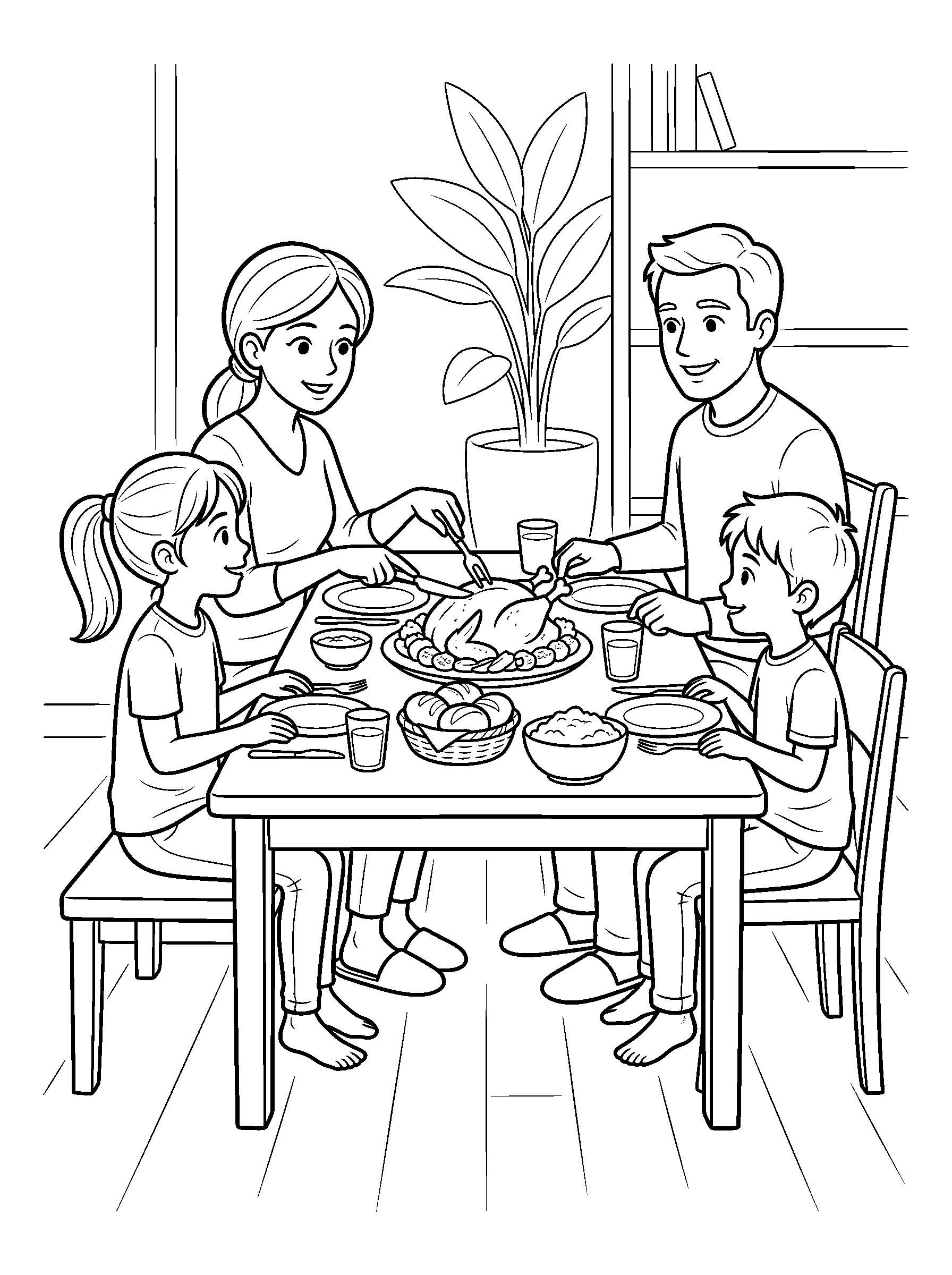 Family Sharing Thanksgiving Dinner — full black-and-white printable coloring page