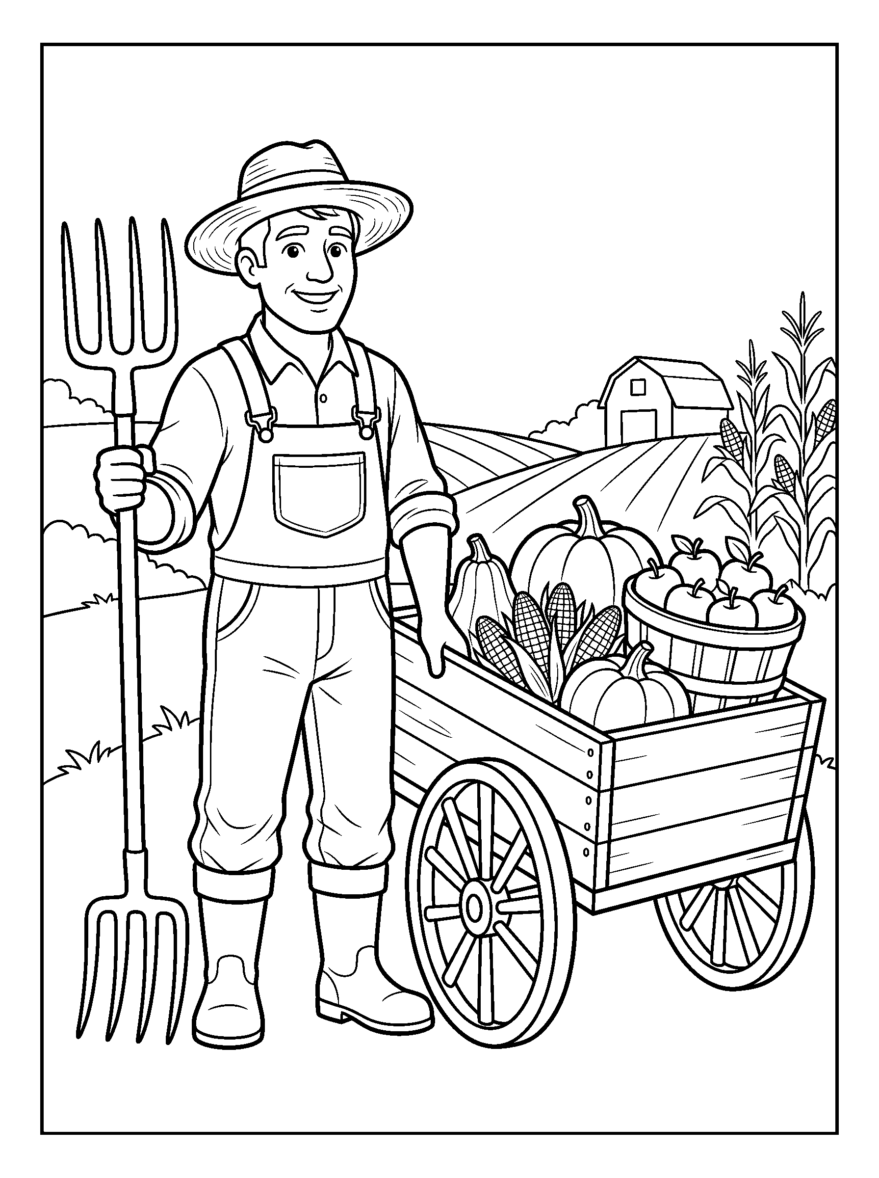Farmer with a Harvest Cart — full black-and-white printable coloring page