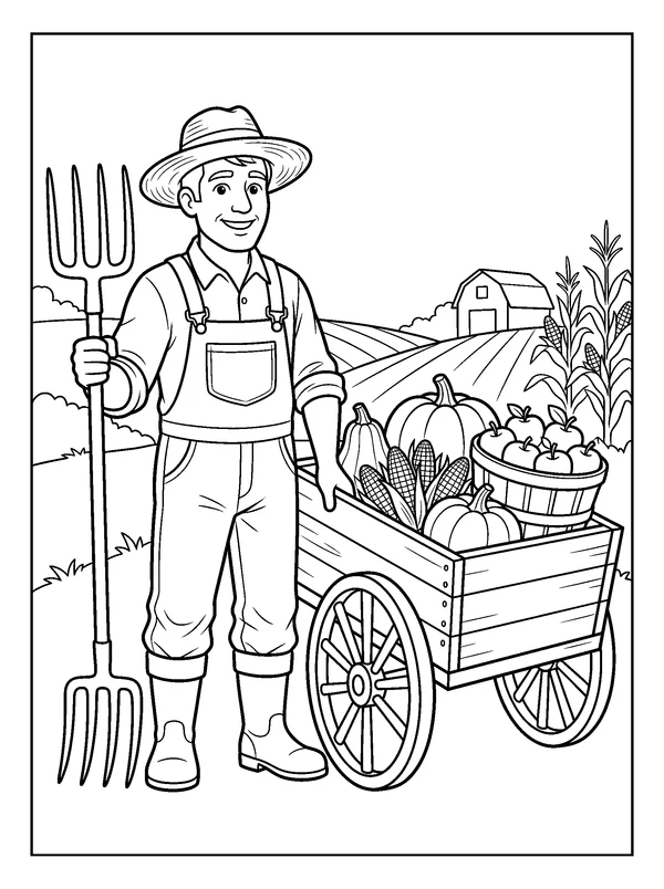 Farmer with a Harvest Cart — printable black-and-white coloring sheet