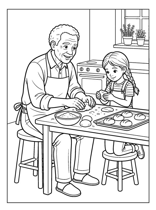 Grandparent and Child Making Rolls — printable black-and-white coloring sheet