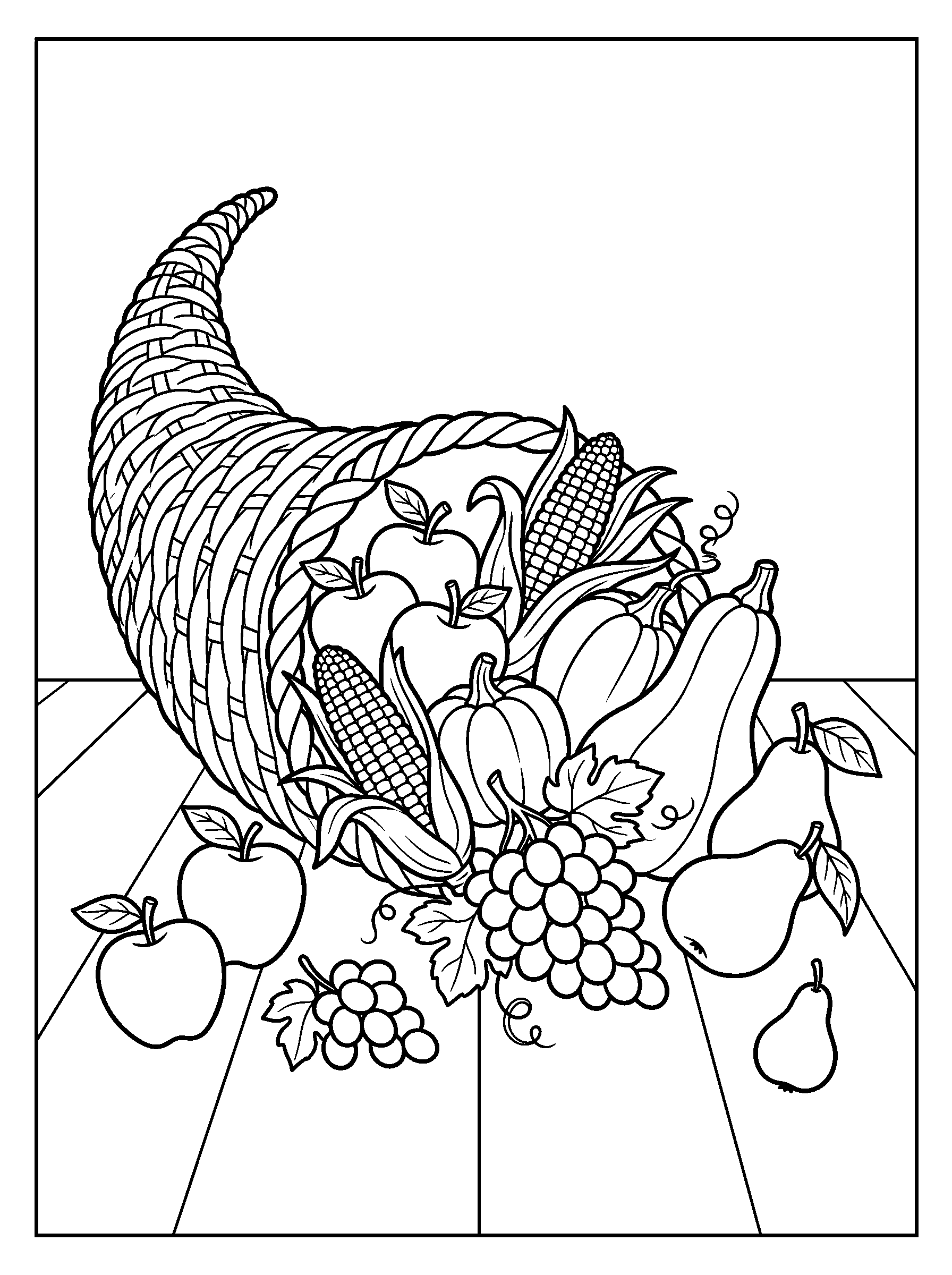 Harvest Cornucopia on the Table — full black-and-white printable coloring page