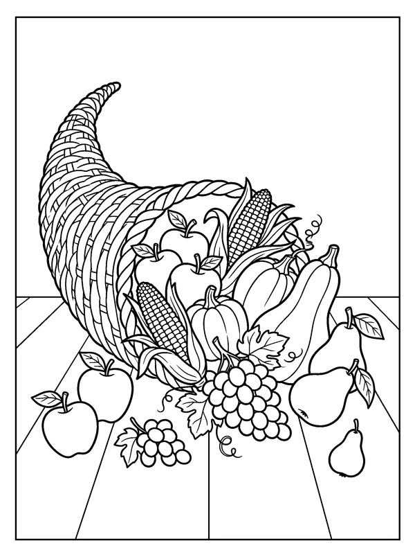 Harvest Cornucopia on the Table — printable black-and-white coloring sheet