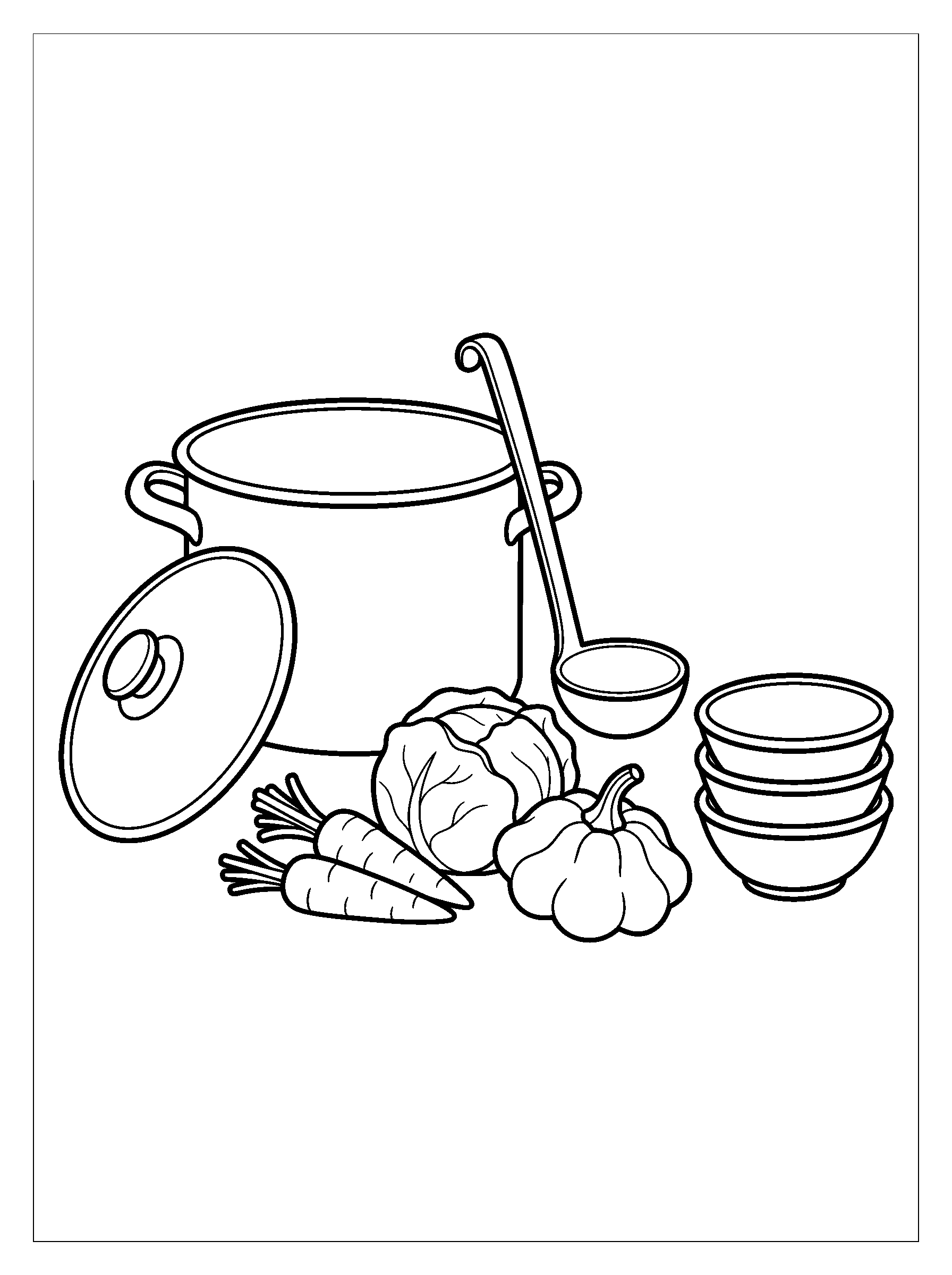 Harvest Vegetable Soup Pot — full black-and-white printable coloring page