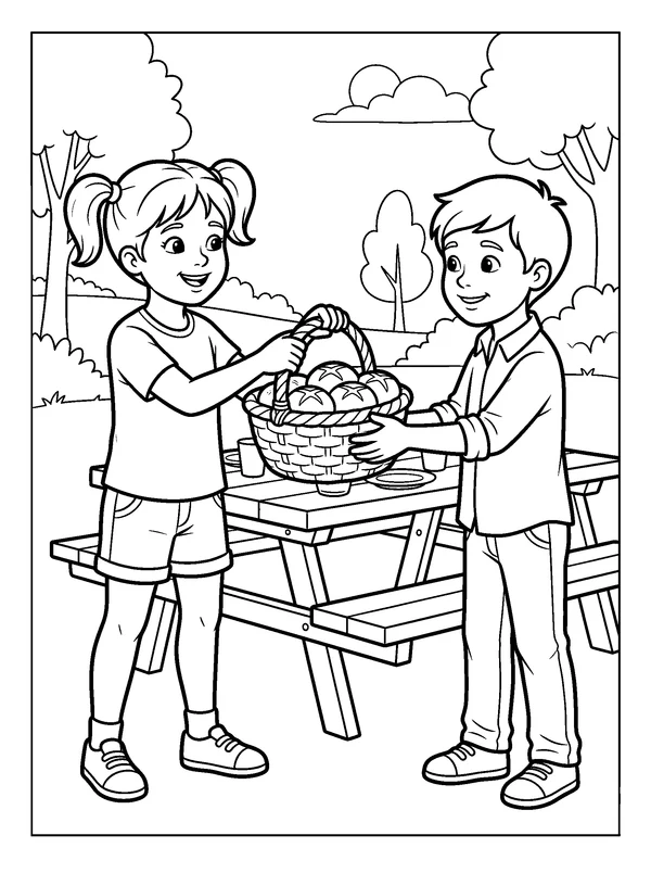 Passing the Bread Basket — printable black-and-white coloring sheet
