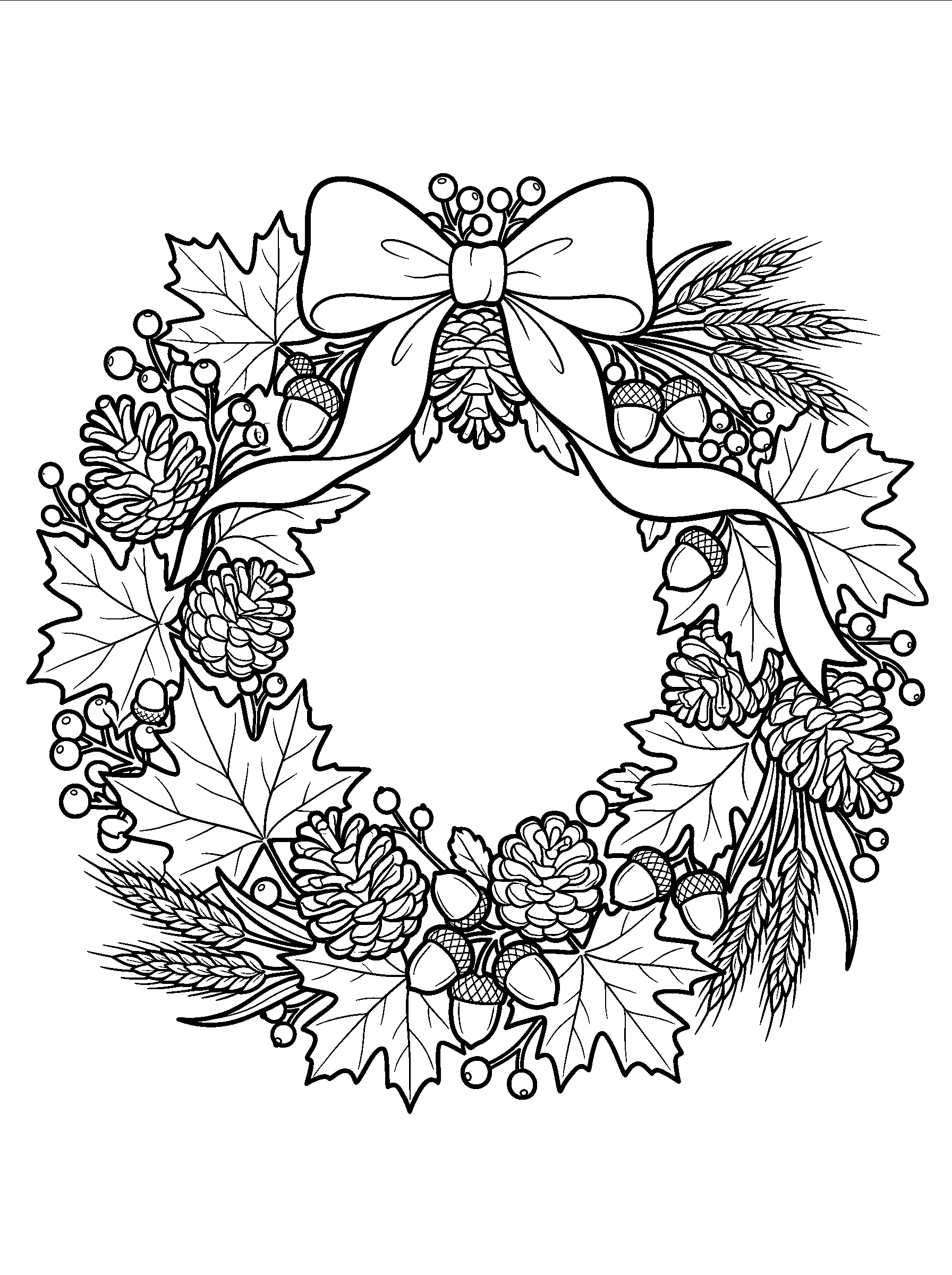 Pinecone and Autumn Leaf Wreath — full black-and-white printable coloring page