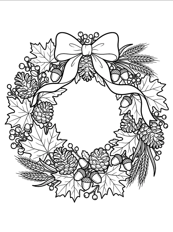 Pinecone and Autumn Leaf Wreath — printable black-and-white coloring sheet