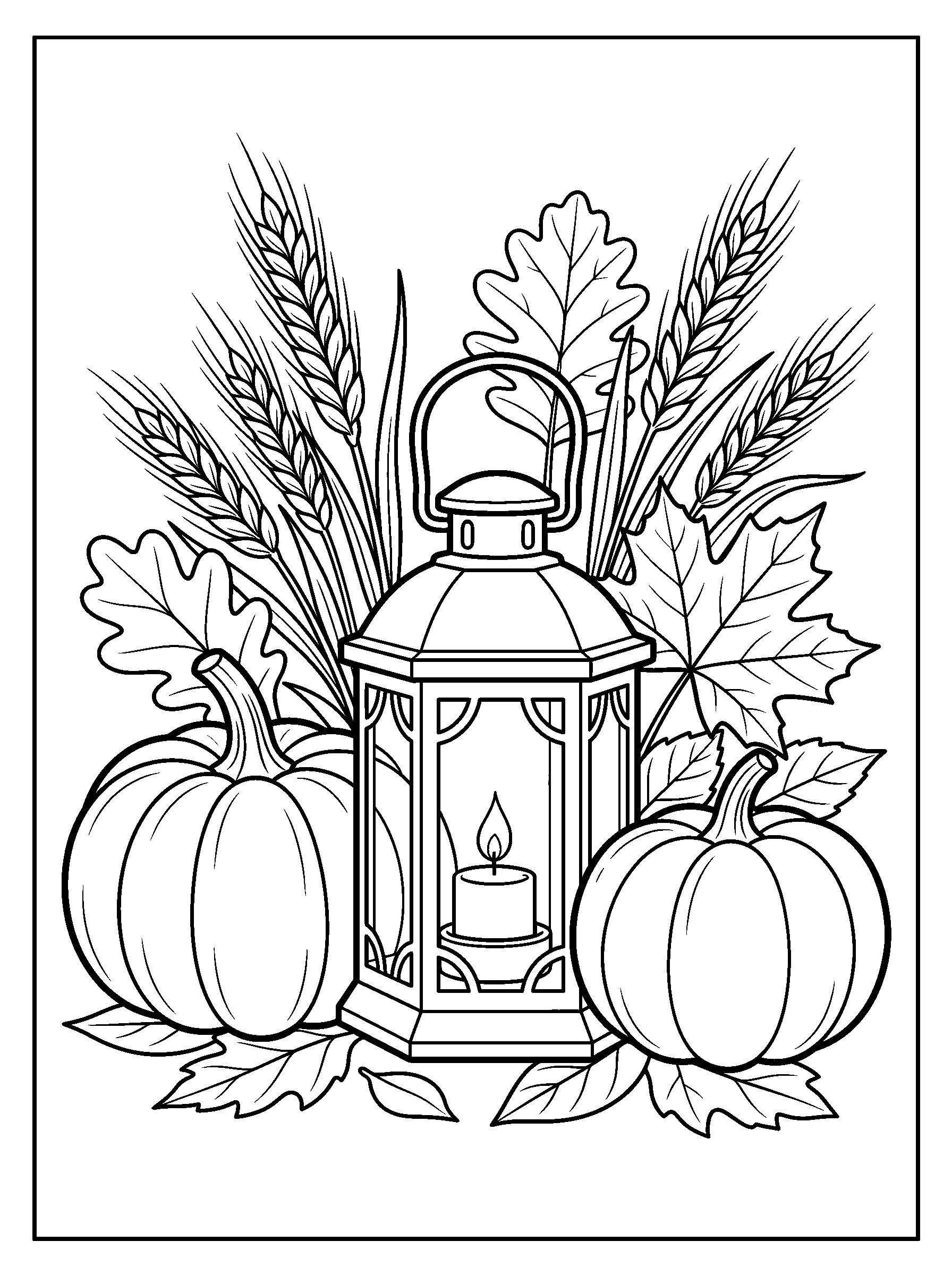 Pumpkin and Candle Centerpiece — full black-and-white printable coloring page