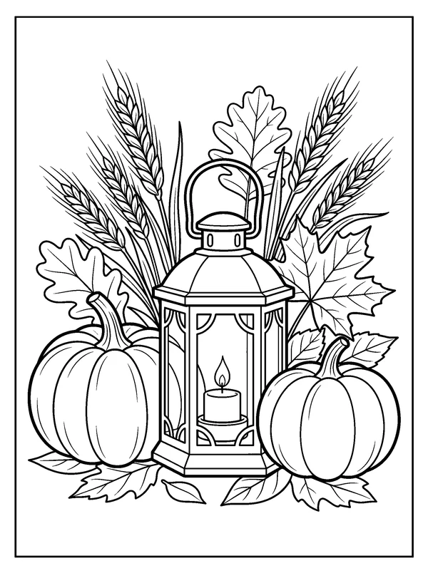 Pumpkin and Candle Centerpiece — printable black-and-white coloring sheet