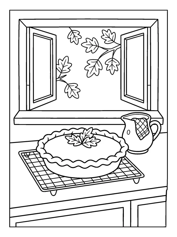 Pumpkin Pie by the Kitchen Window — printable black-and-white coloring sheet