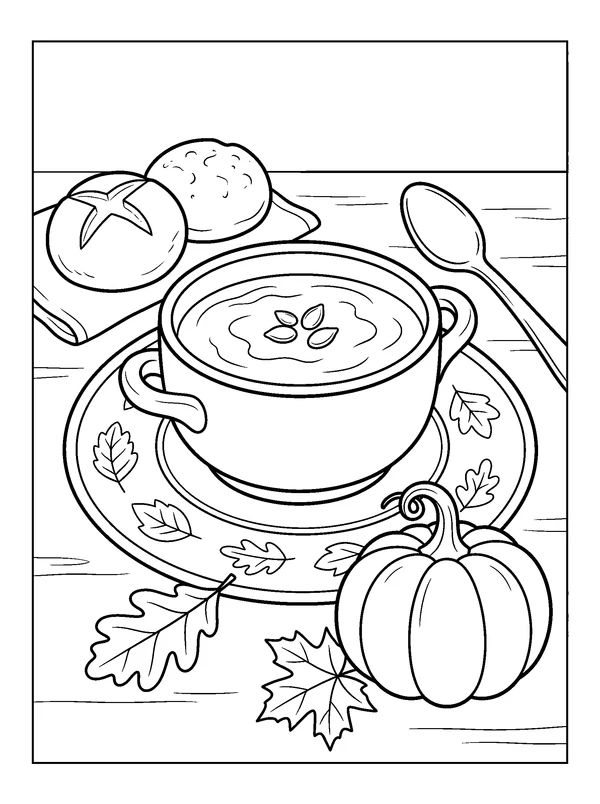Pumpkin Soup with Autumn Leaves — printable black-and-white coloring sheet