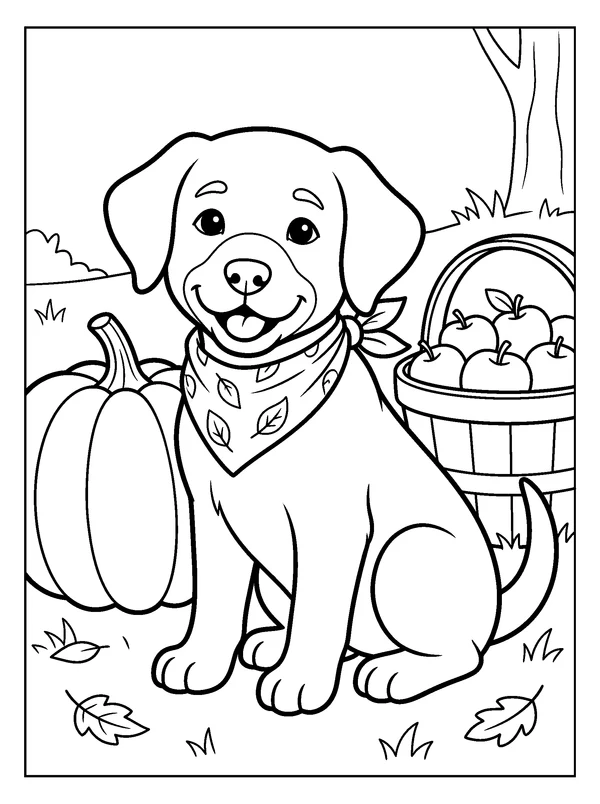 Puppy in a Harvest Bandana — printable black-and-white coloring sheet