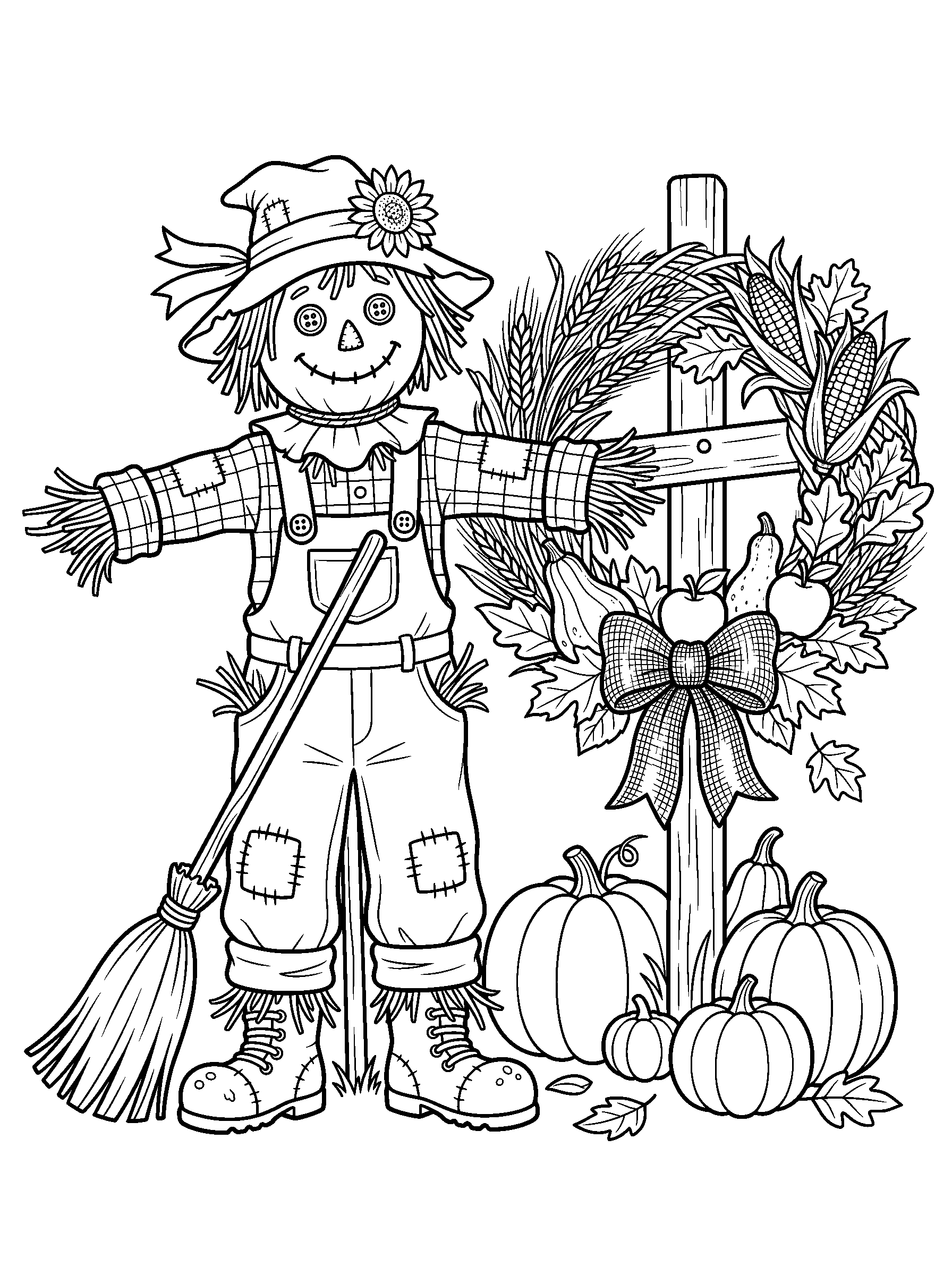 Scarecrow with a Harvest Wreath — full black-and-white printable coloring page