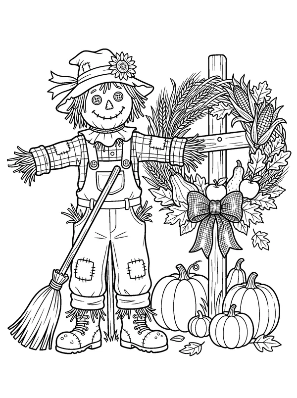 Scarecrow with a Harvest Wreath — printable black-and-white coloring sheet