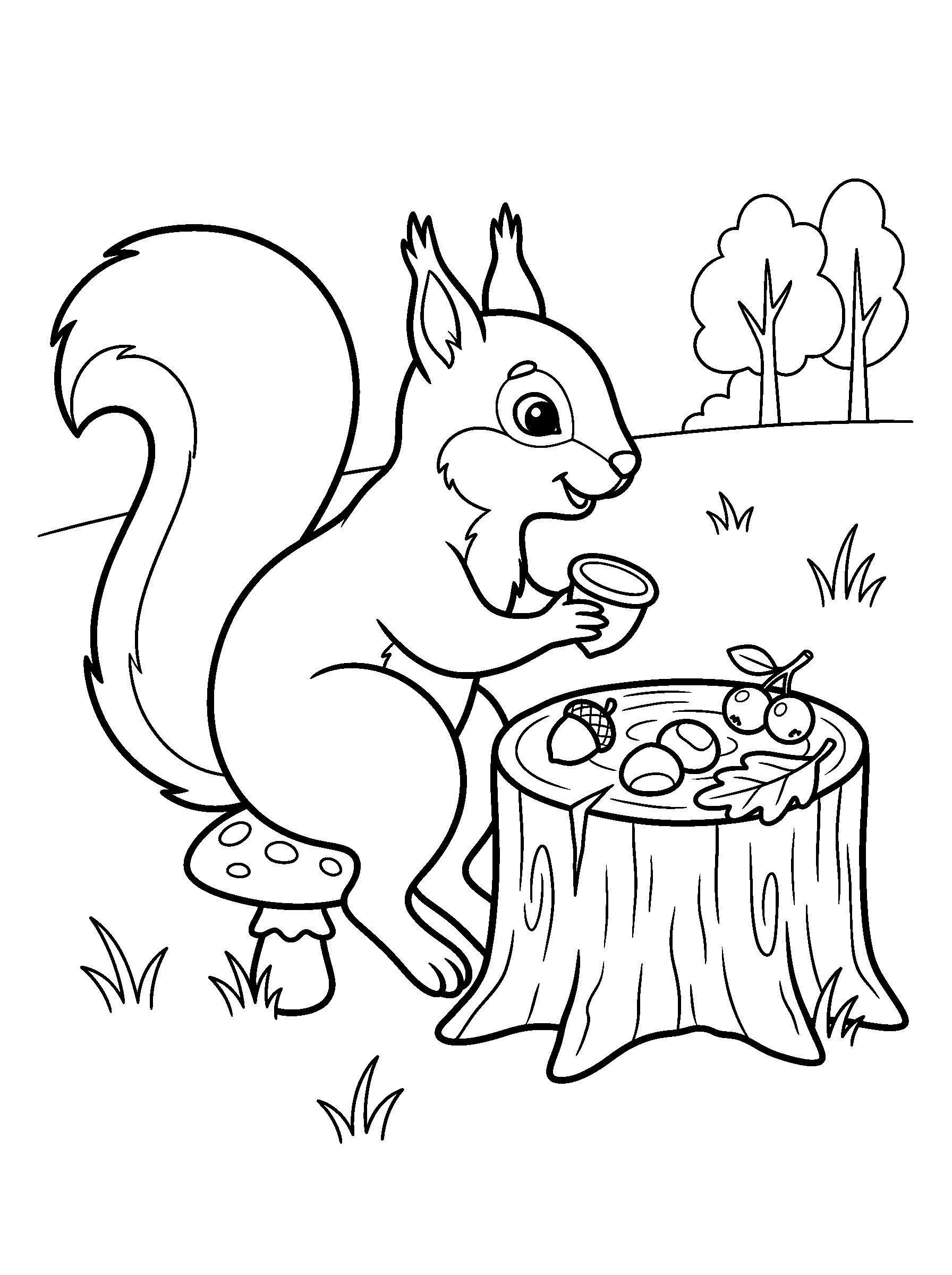 Squirrel with an Acorn Feast — full black-and-white printable coloring page