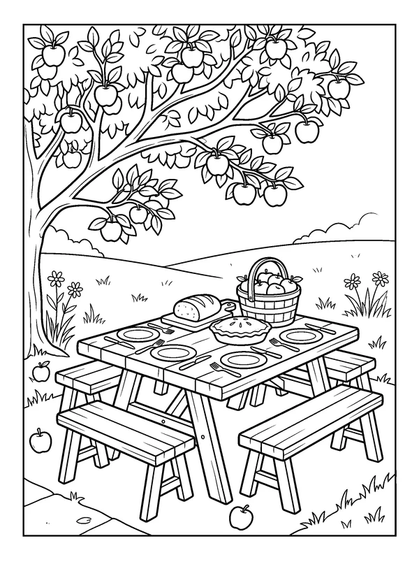 Thanksgiving Picnic in the Orchard — printable black-and-white coloring sheet