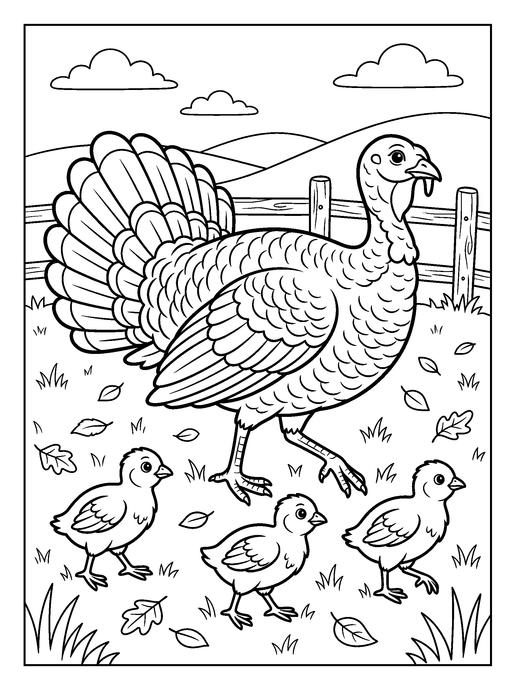 Turkey Family in the Meadow — full black-and-white printable coloring page