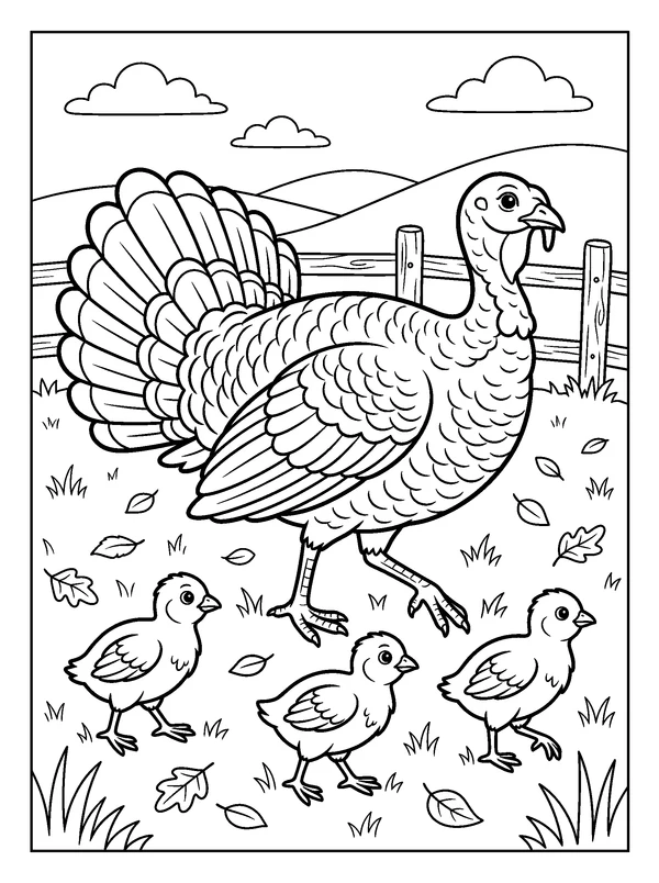 Turkey Family in the Meadow — printable black-and-white coloring sheet