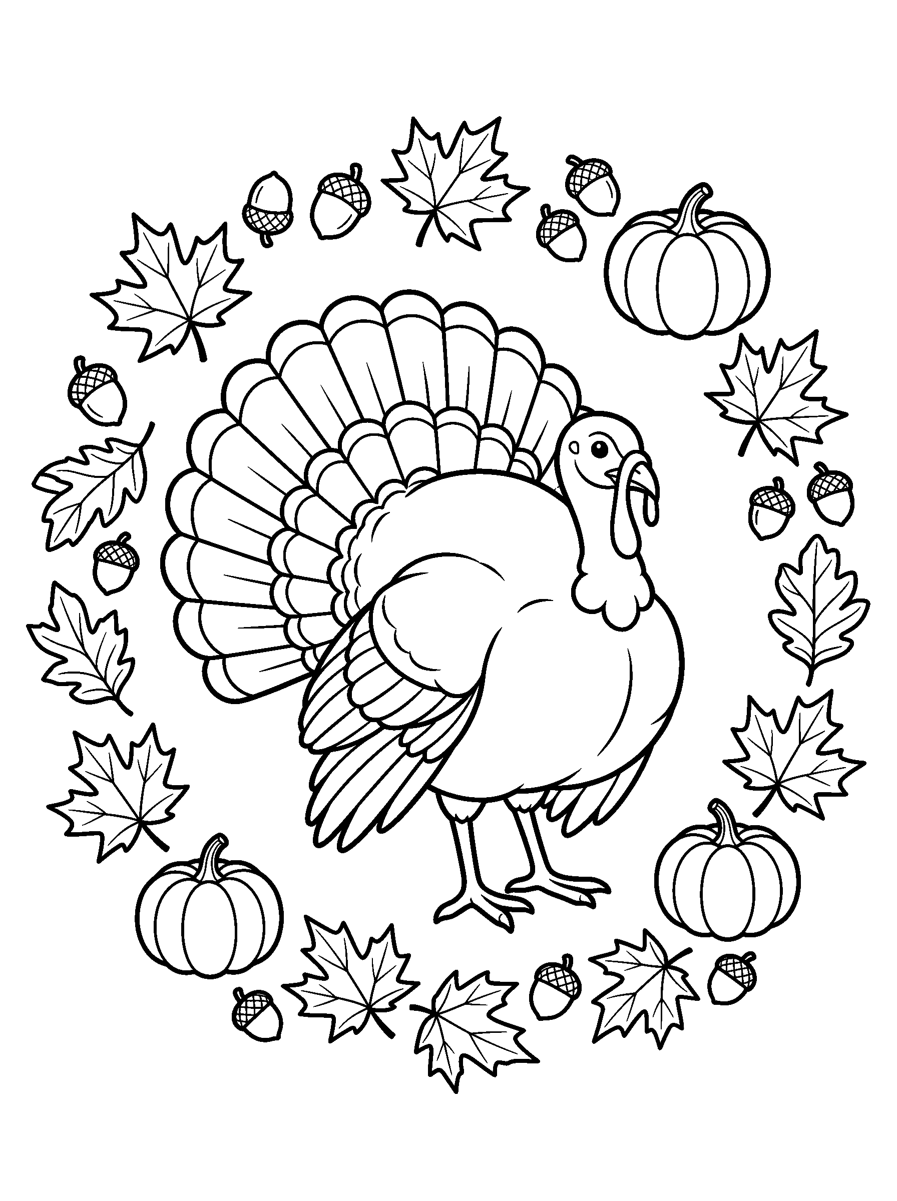 Turkey in an Autumn Leaf Circle — full black-and-white printable coloring page