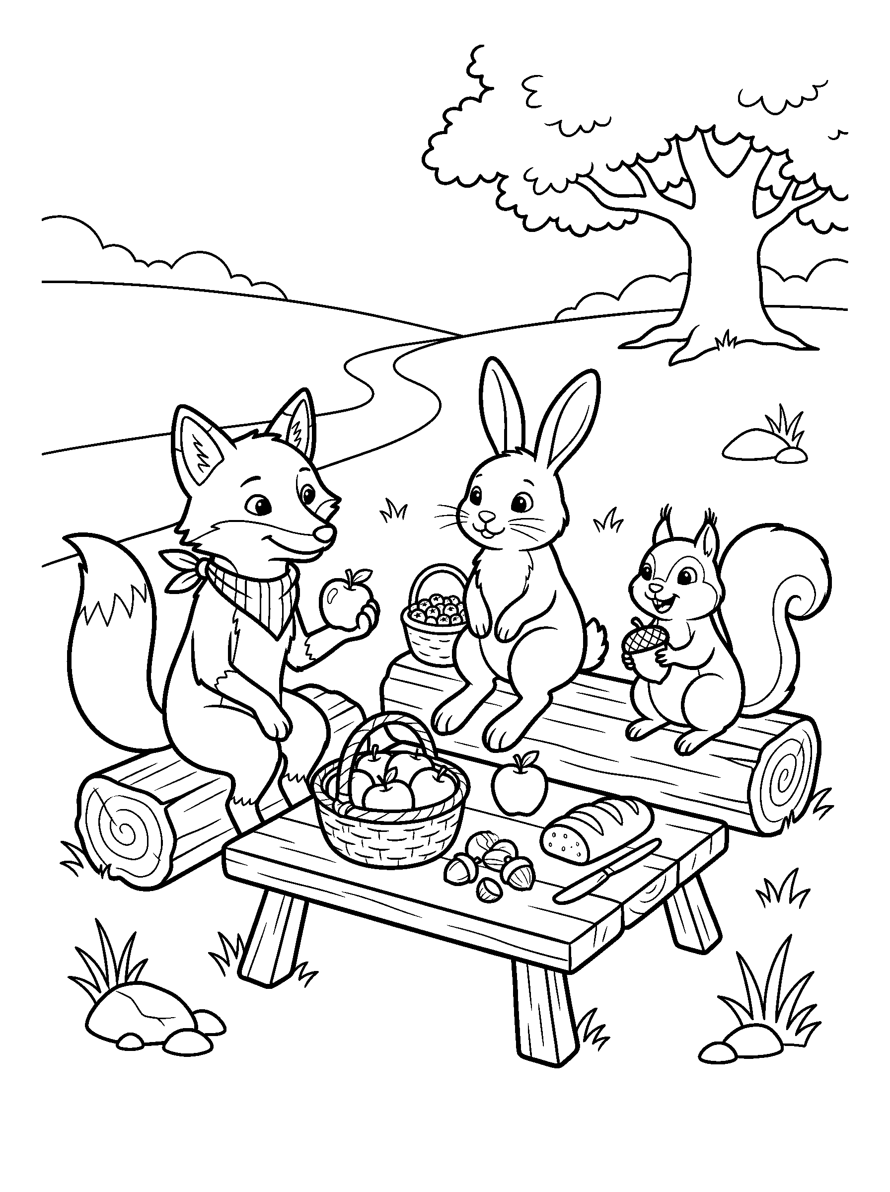 Woodland Friends Sharing a Feast — full black-and-white printable coloring page