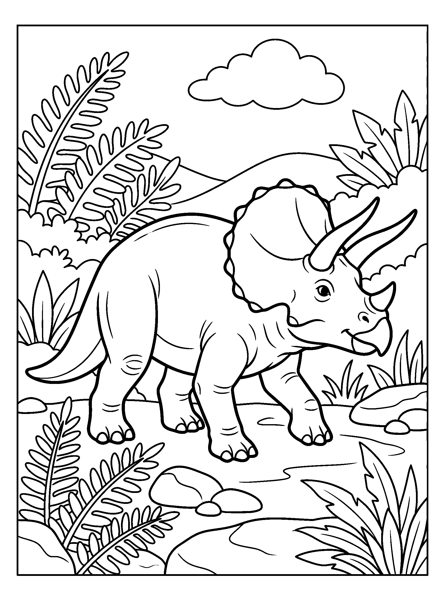 Triceratops Meadow — full black-and-white printable coloring page