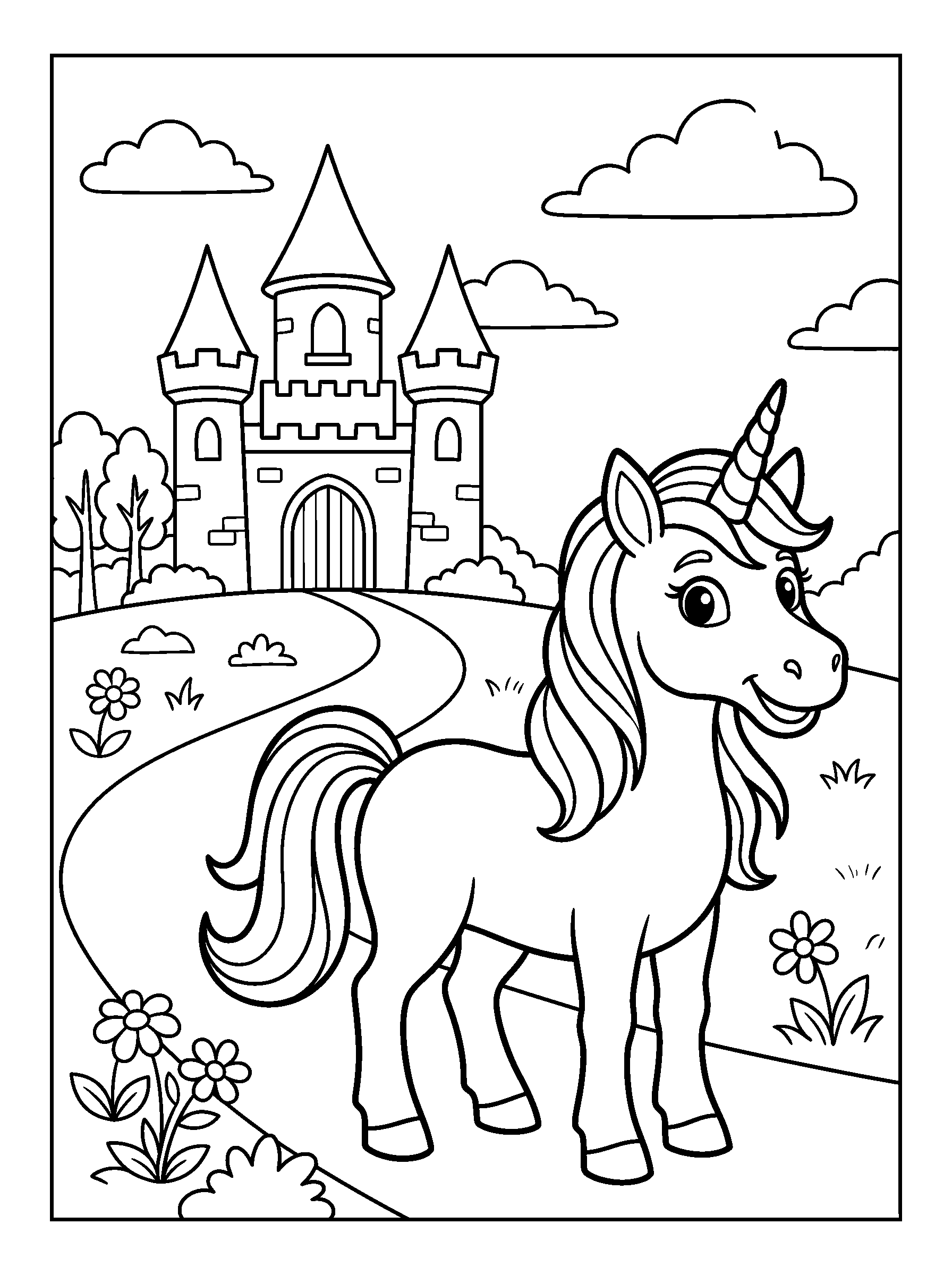 Unicorn and Castle — full black-and-white printable coloring page