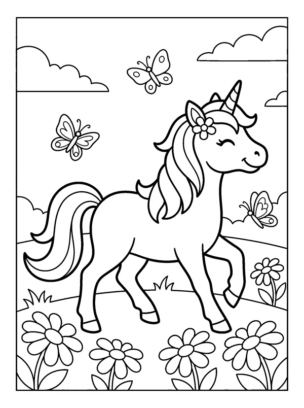 Unicorn Flower Meadow — printable black-and-white coloring sheet