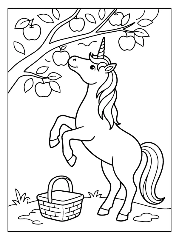 Unicorn Orchard Snack — printable black-and-white coloring sheet