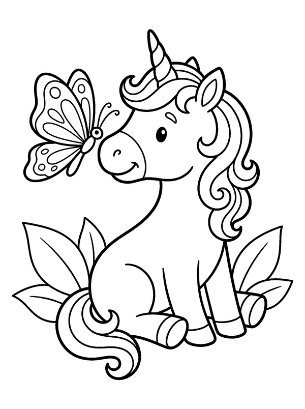Unicorn Butterfly Greeting — printable black-and-white coloring sheet