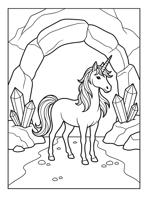 Unicorn Crystal Cave — printable black-and-white coloring sheet
