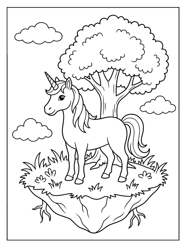 Unicorn Floating Island — printable black-and-white coloring sheet