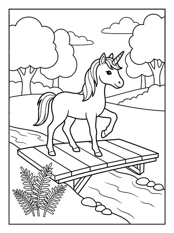 Unicorn Foal on a Bridge — printable black-and-white coloring sheet
