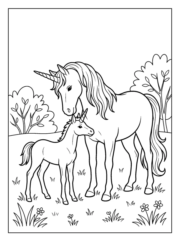 Unicorn Family Nuzzle — printable black-and-white coloring sheet