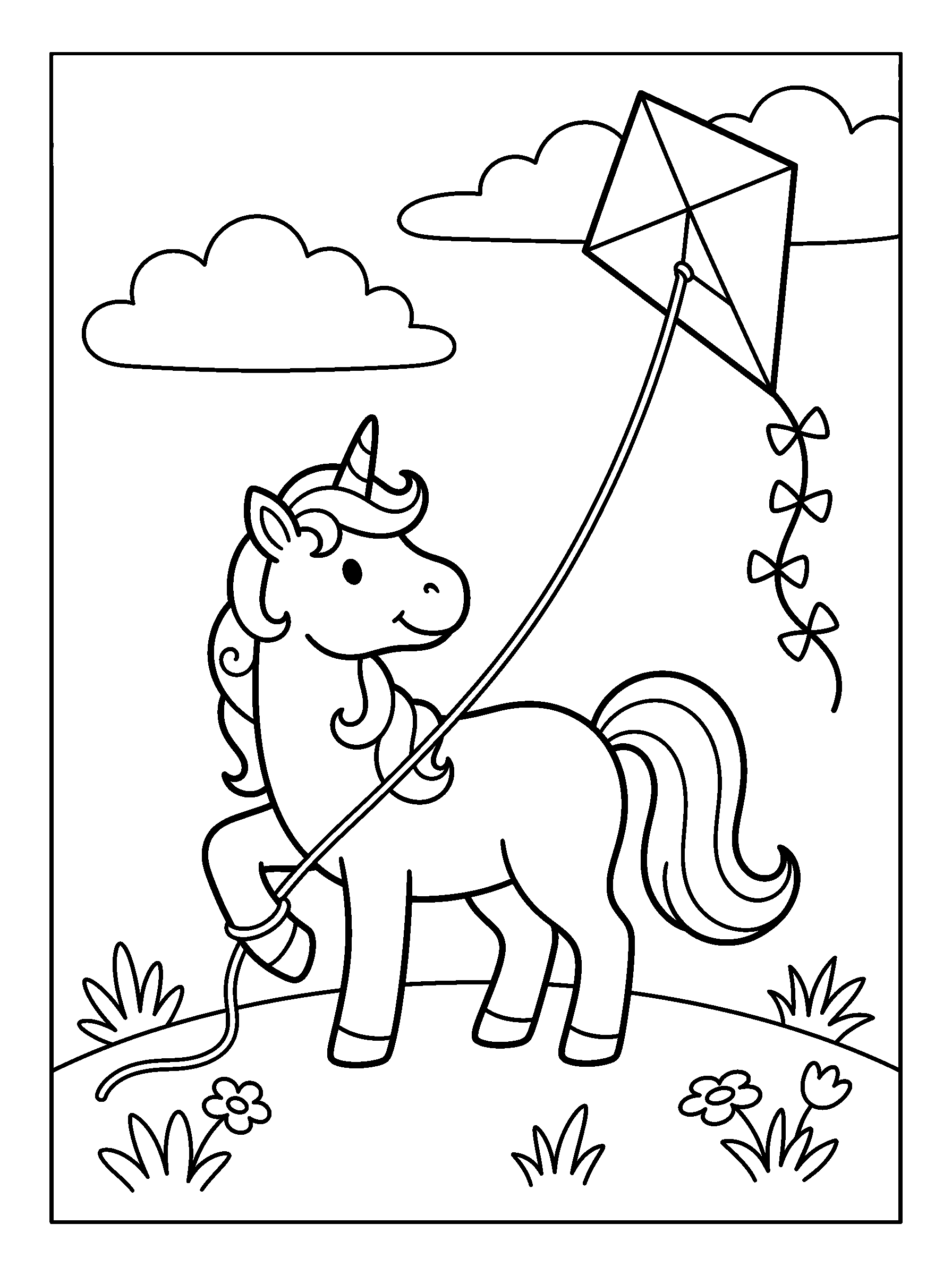 Unicorn and the Kite — full black-and-white printable coloring page