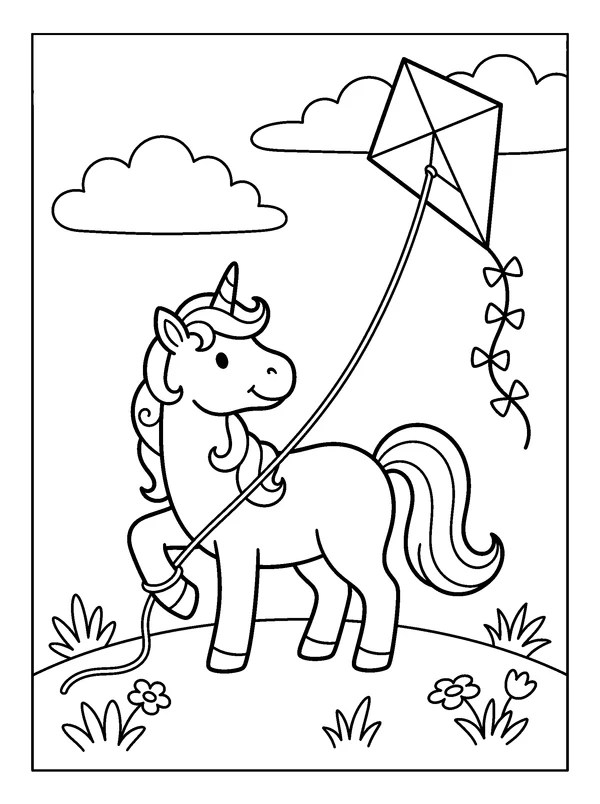 Unicorn and the Kite — printable black-and-white coloring sheet