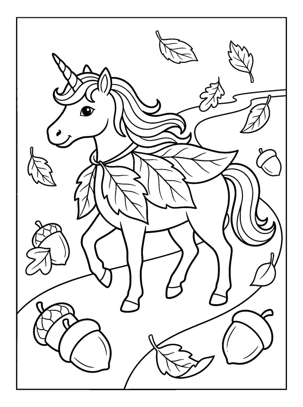 Unicorn Autumn Walk — printable black-and-white coloring sheet