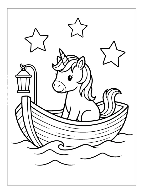 Unicorn Moon Boat — printable black-and-white coloring sheet