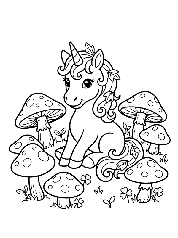 Unicorn Mushroom Ring — printable black-and-white coloring sheet