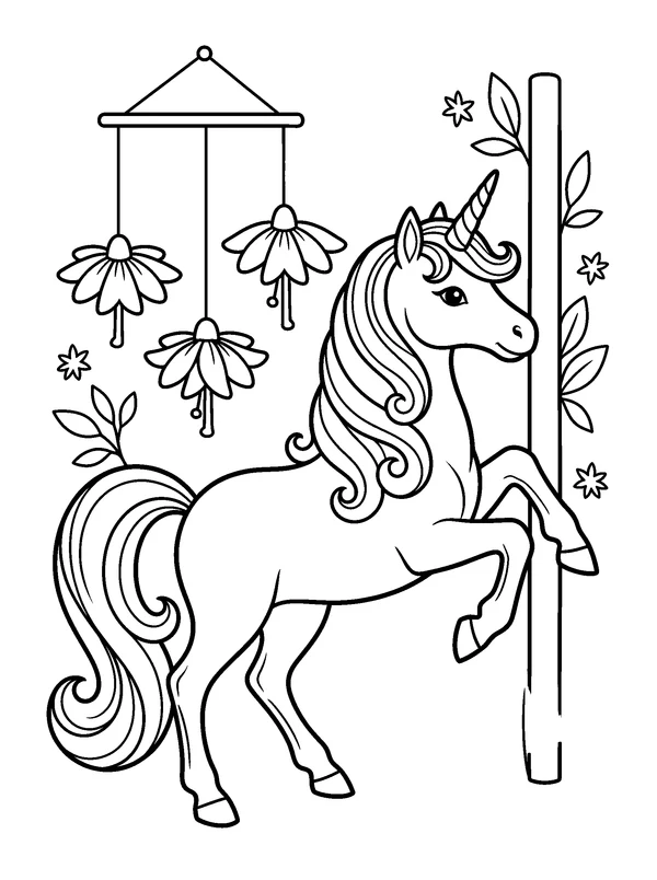 Unicorn Wind Chimes — printable black-and-white coloring sheet