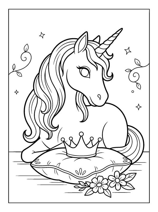 Unicorn Crown Cushion — printable black-and-white coloring sheet